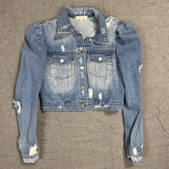 Clara Jayne Jean Jacket Women's M Cropped Ruffled Distressed Denim L/S - Picture 2 of 9